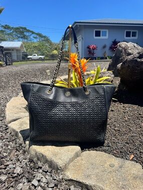 Tory Burch Black Embossed Leather Chain Tote/Shoulder Fair Cond. Corner Wear